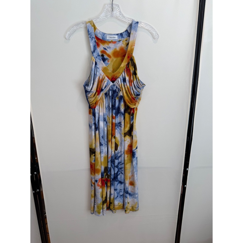 Calvin Klein Womens Abstract Floral V Neck Ruched Midi Dress Blue Yellow